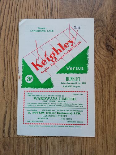 Keighley v Hunslet Apr 1961 Rugby League Programme