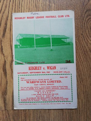 Keighley v Wigan Sept 1963 Rugby League Programme