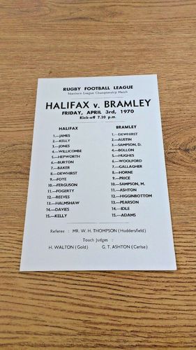 Halifax v Bramley Rugby League Teamsheet Apr 1970