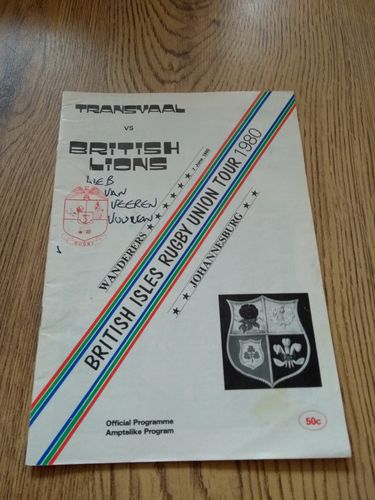 Transvaal v British Lions 1980 Rugby Programme