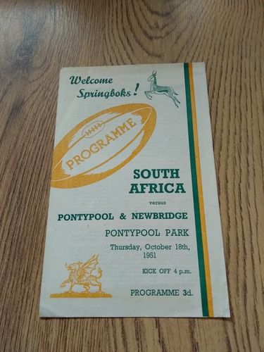 Pontypool & Newbridge v South Africa Oct 1951 Rugby Programme