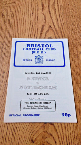 Bristol v Nottingham May 1987 Rugby Programme