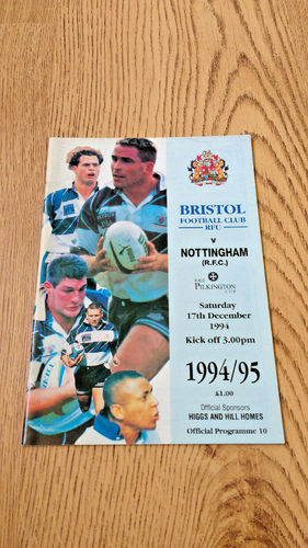 Bristol v Nottingham Dec 1994 Pilkington Cup 4th round Rugby Programme