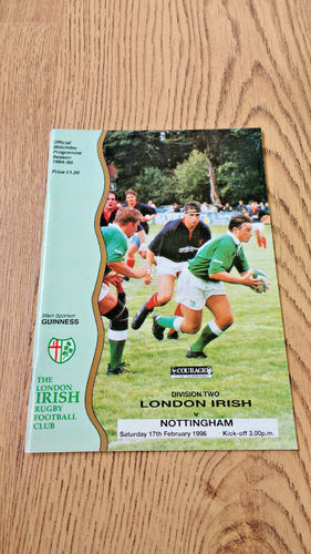 London Irish v Nottingham Feb 1996 Rugby Programme