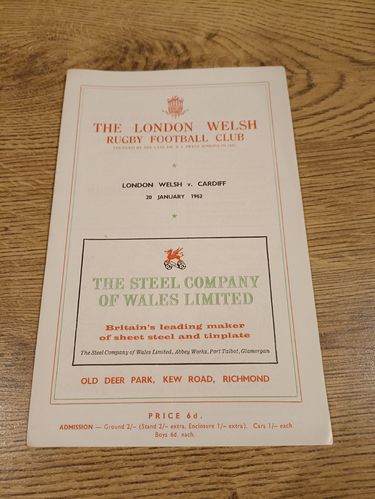 London Welsh v Cardiff  Jan 1962 Rugby Programme