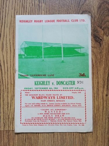Keighley v Doncaster Sept 1964 Yorkshire Cup Rugby League Programme