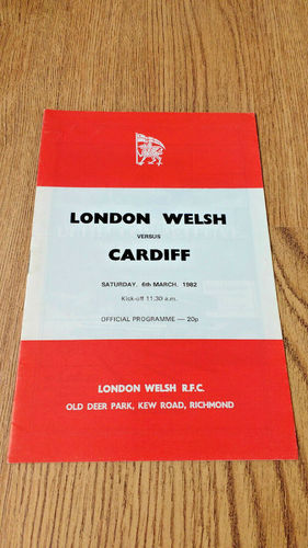 London Welsh v Cardiff  Mar 1982 Rugby Programme