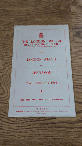London Welsh v Aberavon Feb 1964 Rugby Programme