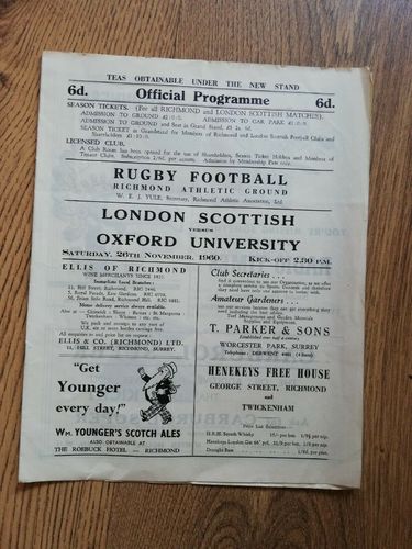 London Scottish v Oxford University Nov 1960 Rugby Programme
