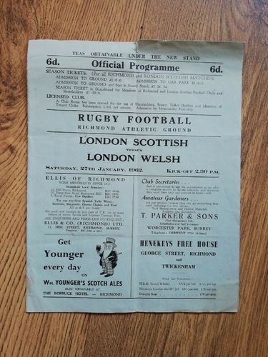 London Scottish v London Welsh Jan 1962 Rugby Programme