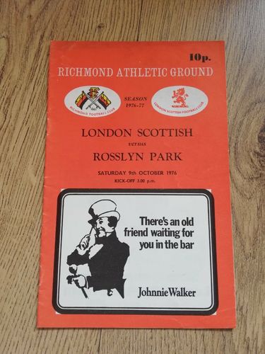 London Scottish v Rosslyn Park Oct 1976 Rugby Programme