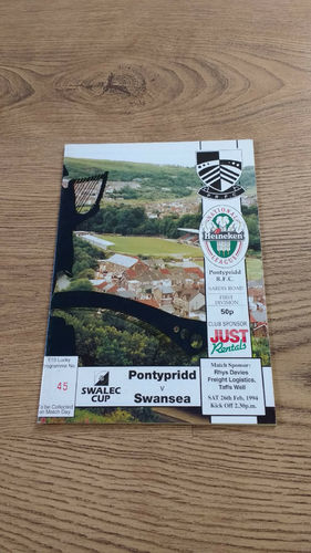 Pontypridd v Swansea Feb 1994 Swalec Cup Rugby Programme