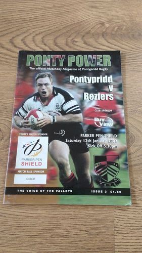 Pontypridd v Beziers Jan 2002 Parker Pen Shield Rugby Programme