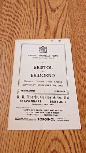 Bristol v Bridgend Sept 1967 Rugby Programme
