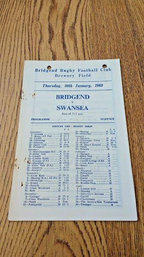 Bridgend v Swansea Jan 1969 Rugby Programme
