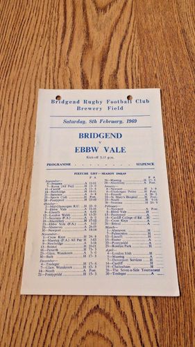 Bridgend v Ebbw Vale Feb 1969 Rugby Programme