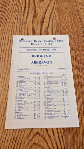 Bridgend v Aberavon Mar 1969 Rugby Programme