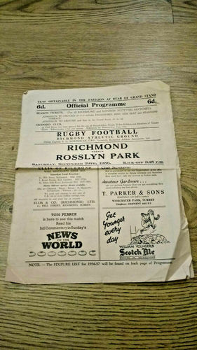 Richmond v Rosslyn Park Sept 1956 Rugby Programme