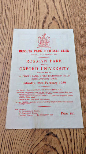 Rosslyn Park v Oxford University Feb 1959 Rugby Programme