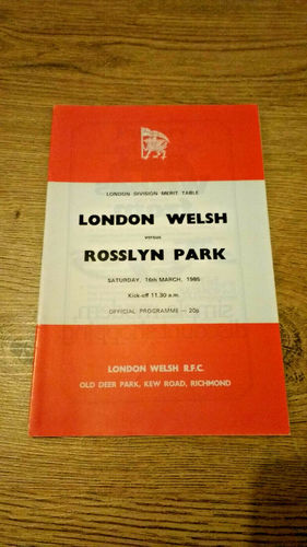 London Welsh v Rosslyn Park Mar 1985 Rugby Programme