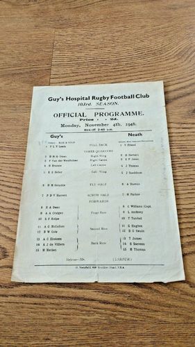 Guy's Hospital v Neath Nov 1946 Rugby Programme