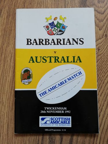 Barbarians v Australia Nov 1992 Signed Rugby Programme
