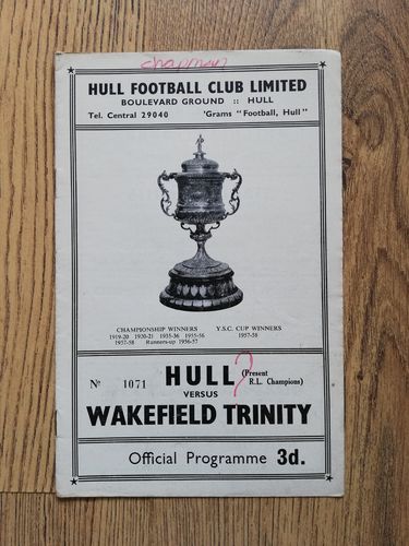 Hull v Wakefield Mar 1959 Challenge Cup Rugby League Programme