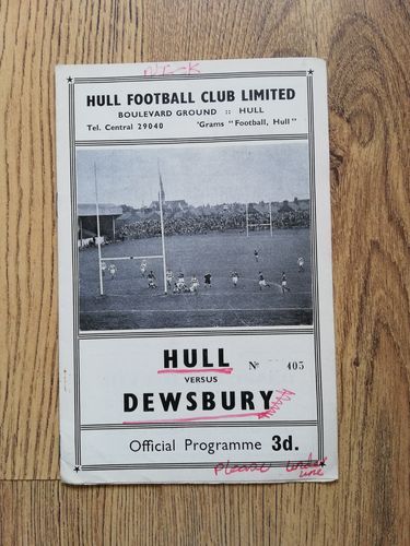 Hull v Dewsbury Sept 1959 Rugby League Programme