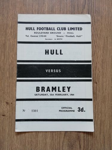 Hull v Bramley Feb 1964 Rugby League Programme