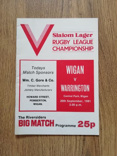 Wigan v Warrington Sept 1981 Rugby League Programme