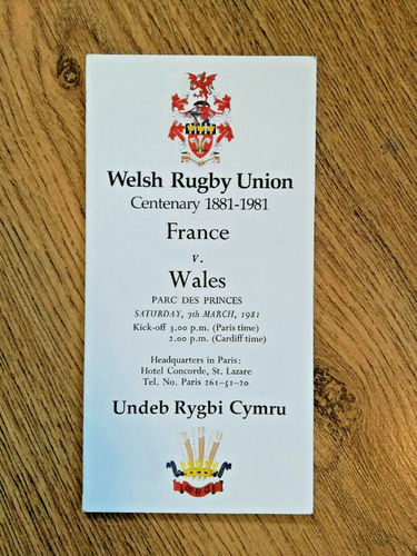 France v Wales 1981 Rugby Itinerary Card
