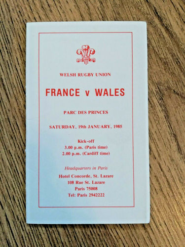 France v Wales 1985 Rugby Committee Itinerary Card