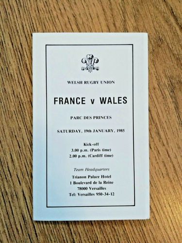 France v Wales 1985 Rugby Itinerary Card