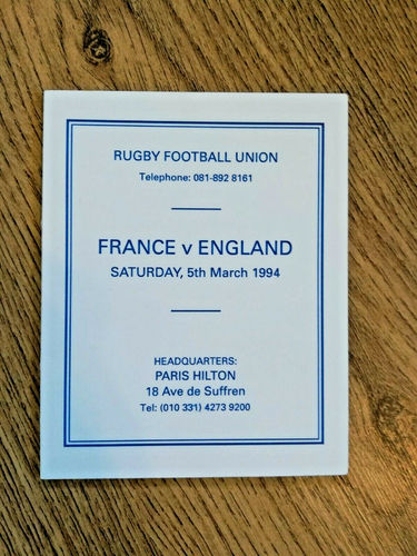 France v England 1994 Rugby Itinerary Card