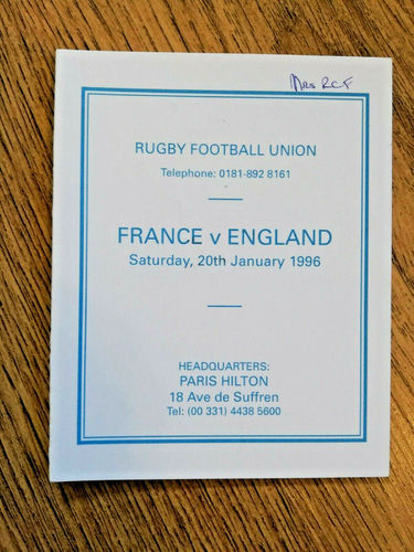 France v England 1996 Rugby Itinerary Card