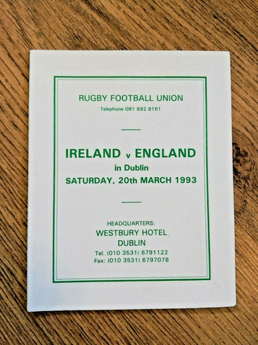 Ireland v England 1993 Rugby Itinerary Card