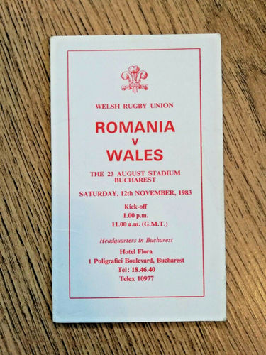 Romania v Wales 1983 Rugby Itinerary Card