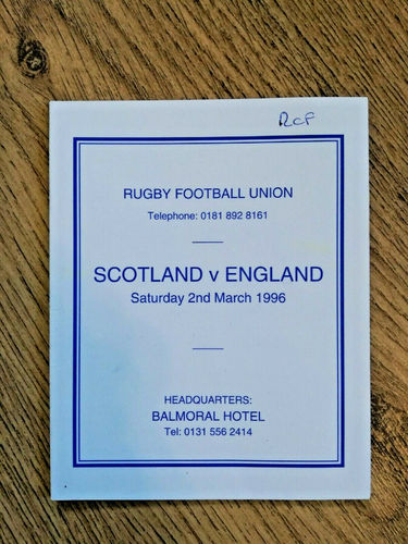 Scotland v England 1996 Rugby Itinerary Card