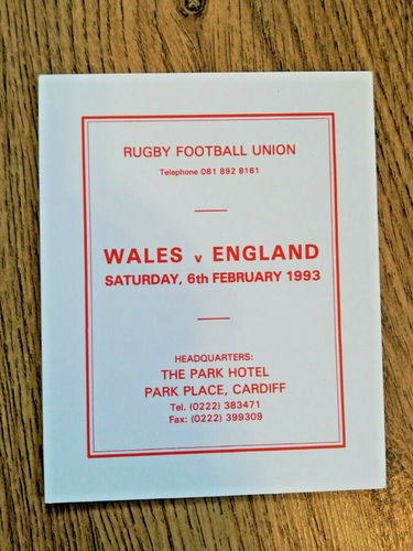 Wales v England 1993 Rugby Itinerary Card