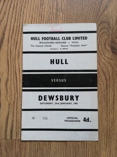 Hull v Dewsbury Jan 1965 Rugby League Programme