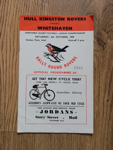 Hull KR v Whitehaven Oct 1958 Rugby League Programme