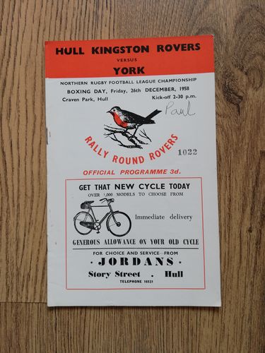 Hull KR v York Dec 1958 Rugby League Programme