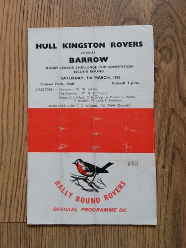 Hull KR v Barrow Mar 1962 Challenge Cup Rugby League Programme