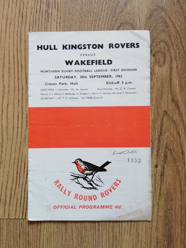 Hull KR v Wakefield Sept 1963 Rugby League Programme