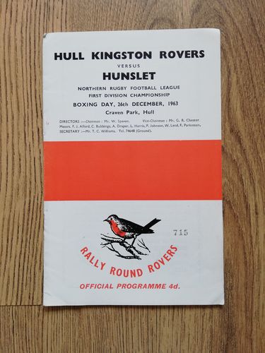 Hull KR v Hunslet Dec 1963 Rugby League Programme
