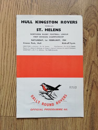 Hull KR v St Helens Feb 1964 Rugby League Programme