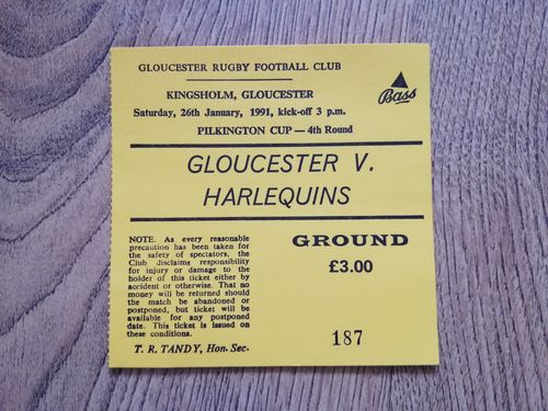 Gloucester v Harlequins Jan 1991 Pilkington Cup Used Rugby Ticket