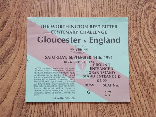 Gloucester v England XV Sept 1991 Centenary Challenge Used Rugby Ticket