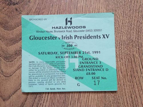 Gloucester v Irish Presidents XV Sept 1991 Used Rugby Ticket