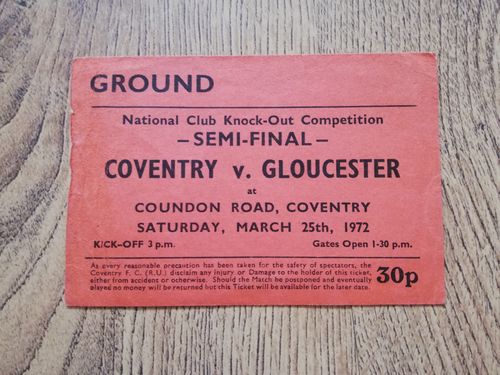 Coventry v Gloucester Mar 1972 RFU Knock-Out Semi-Final Used Rugby Ticket